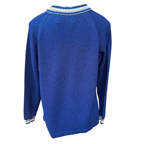 Vintage 1970s Talbott Travler Blue Textured Knit Cardigan Varsity Trim M Dacron - Picture 3 of 15